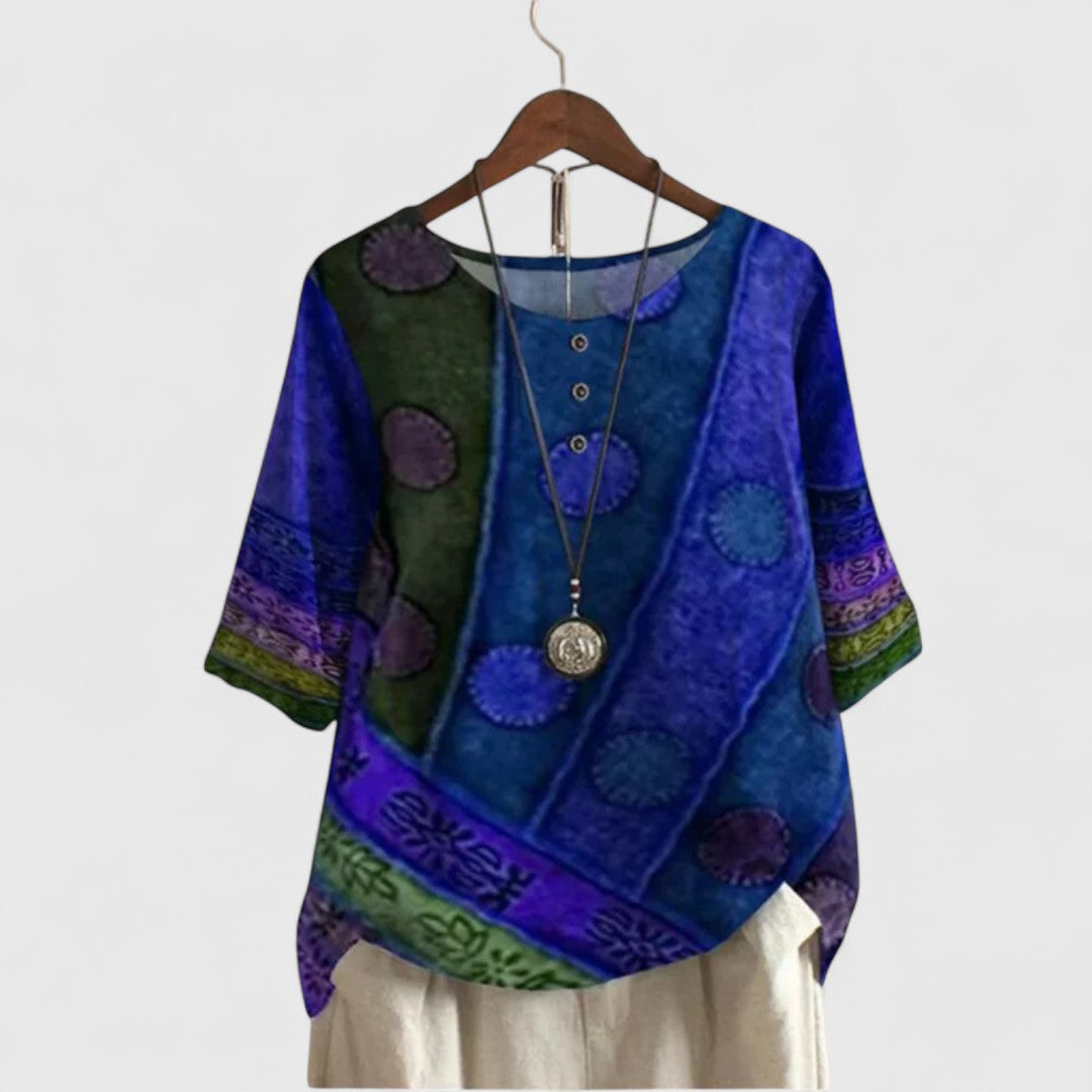 Damska Bluzka Boho z Nadrukiem Patchwork i Guzikami - Niebieski
