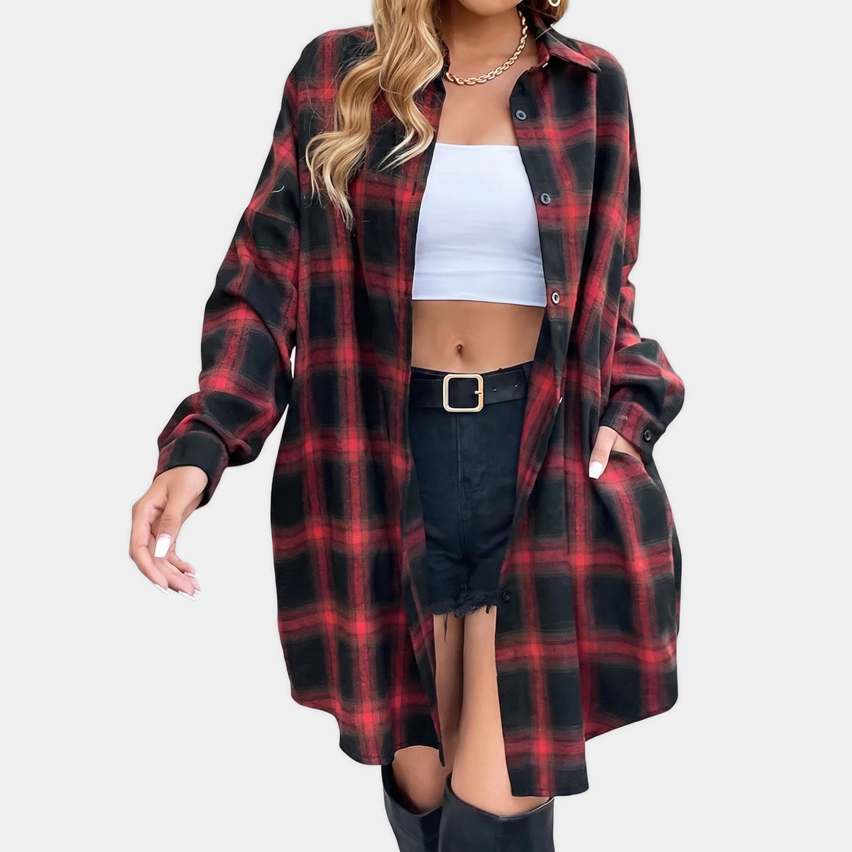 Damska Koszula Flanelowa Midi w Kratę Oversize - Czarno-Czerwona Krata