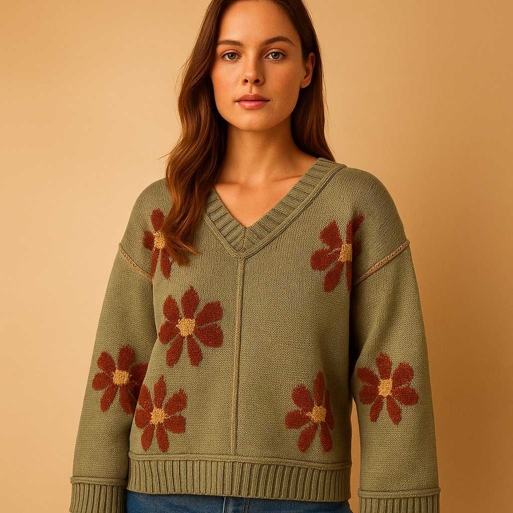 Damski Sweter z Dekoltem w Serek w Kwiaty - 2