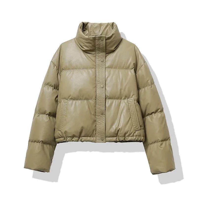 Damska Kurtka Puchowa Oversize z Wysokim Kołnierzem - Khaki
