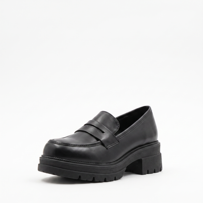 Damskie Loafersy na Grubej Podeszwie z Paskiem - Czarny
