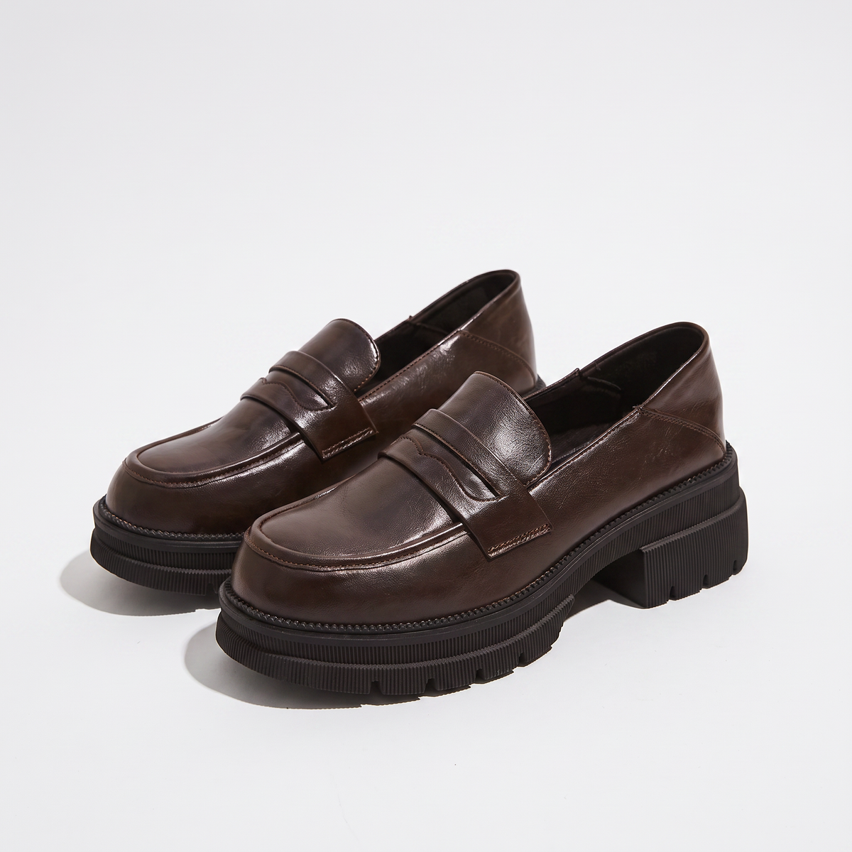 Damskie Loafersy na Grubej Podeszwie z Paskiem - Brązowy