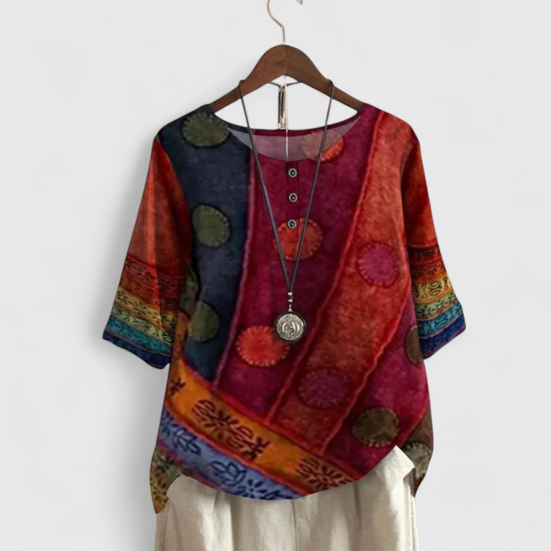 Damska Bluzka Boho z Nadrukiem Patchwork i Guzikami - Czerwony