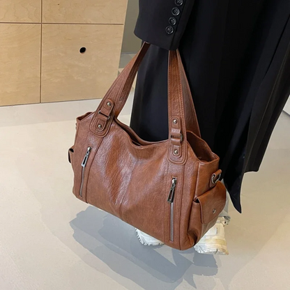 Damska Torba Shopper z Zamkiem i Kieszeniami - Jasnobrązowy