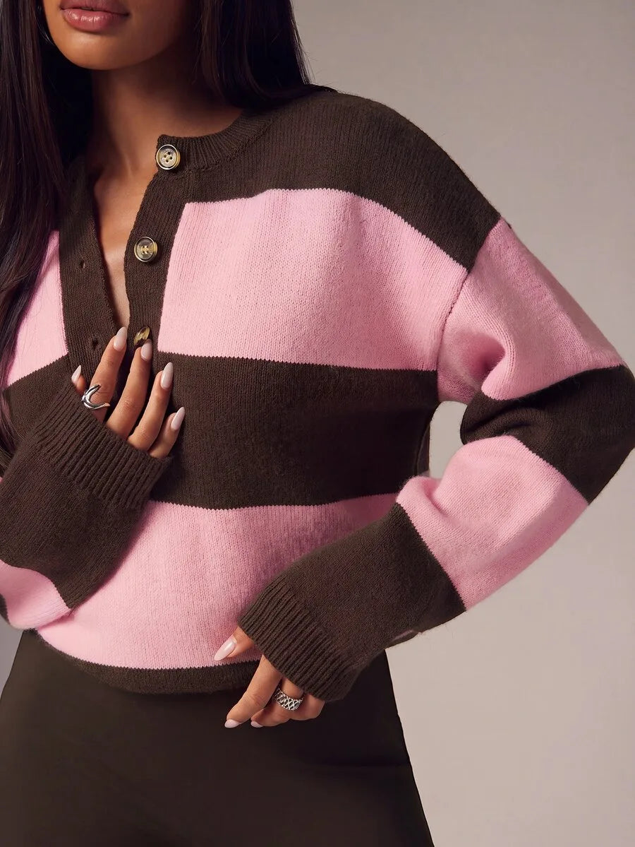Damski Oversize Sweter z Guzikami i Okrągłym Dekoltem - 11