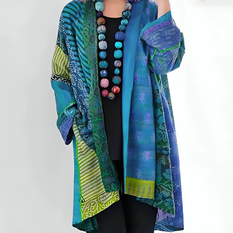 Damska Kimono Boho z Patchworkiem - Niebieski