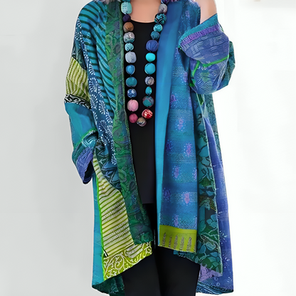 Damska Kimono Boho z Patchworkiem - Niebieski
