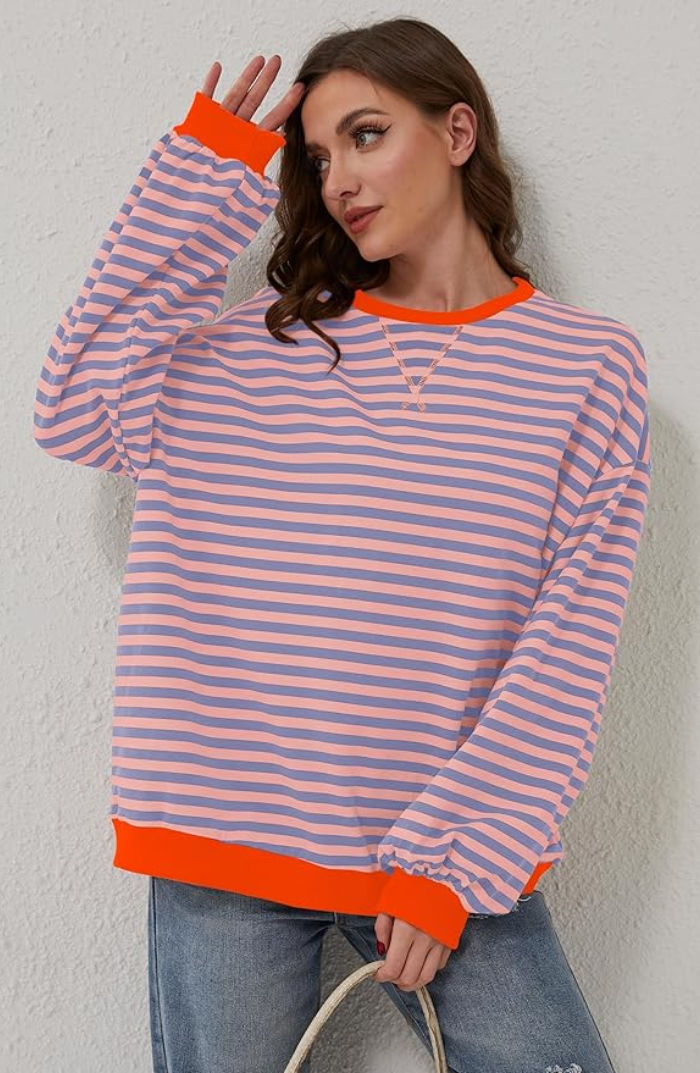 Damska Bluza Oversize z Okrągłym Dekoltem - Niebiesko-pomarańczowy