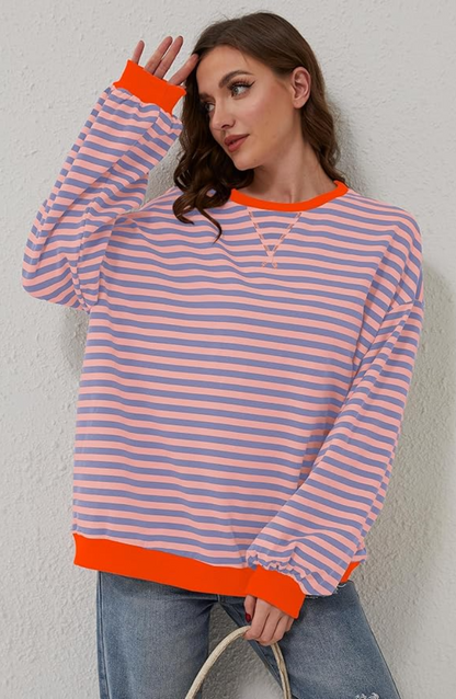 Damska Bluza Oversize z Okrągłym Dekoltem - Niebiesko-pomarańczowy