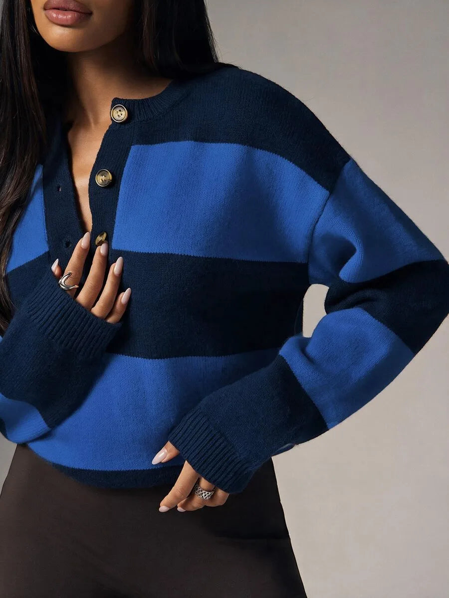 Damski Oversize Sweter z Guzikami i Okrągłym Dekoltem - 23