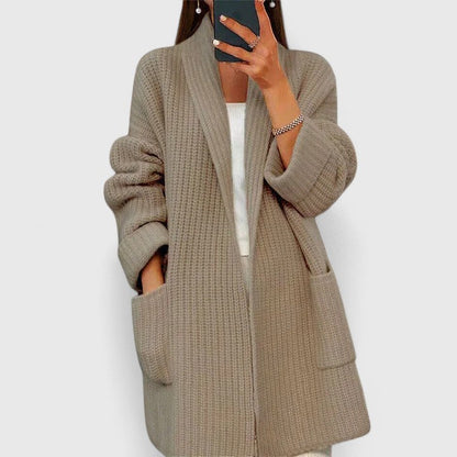 Damski Sweter Rozpinany z Prążkowanym Splotem i Otwartym Przodem - Camel
