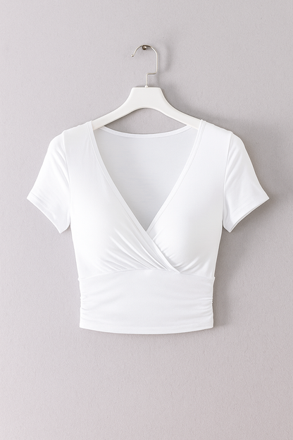 Damska Bluzka Crop Top Kopertowa z Dekoltem w Serek - Biały