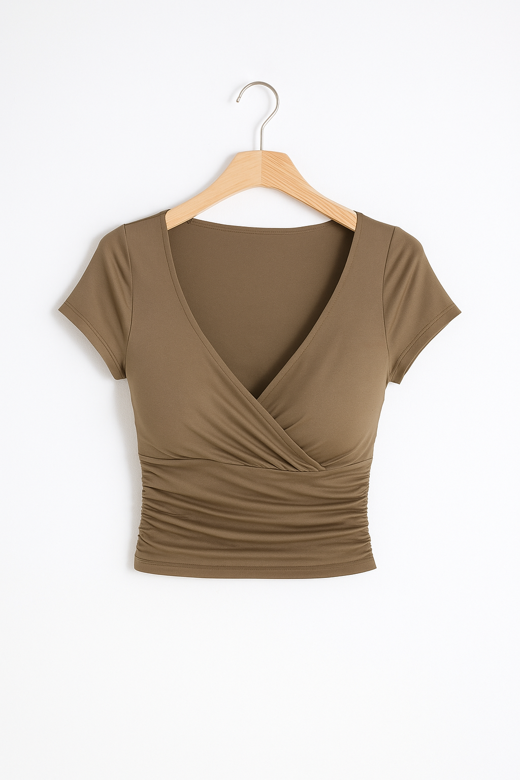 Damska Bluzka Crop Top Kopertowa z Dekoltem w Serek - Khaki