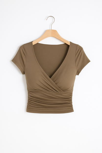 Damska Bluzka Crop Top Kopertowa z Dekoltem w Serek - Khaki