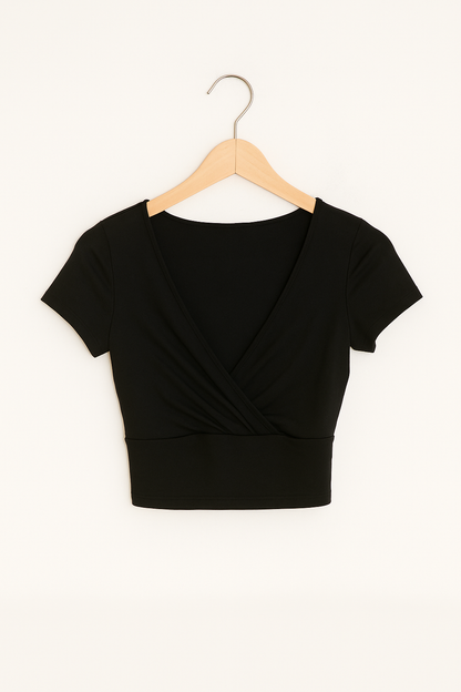 Damska Bluzka Crop Top Kopertowa z Dekoltem w Serek - Czarny