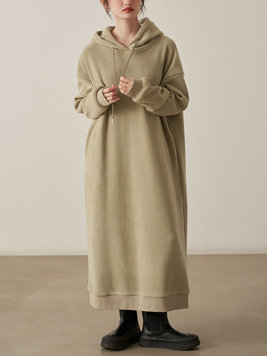 Damska Sukienka Bluza Oversize z Kapturem i Długimi Rękawami Raglan - Khaki