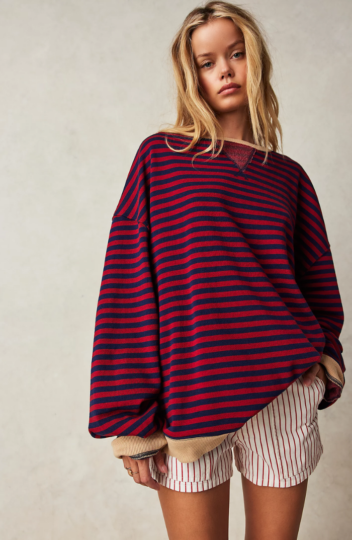 Damska Bluza Oversize z Okrągłym Dekoltem - Winny czerwony