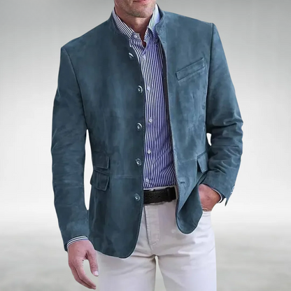 Męska Kurtka Smart Casual z Kołnierzem Mao - Niebieski