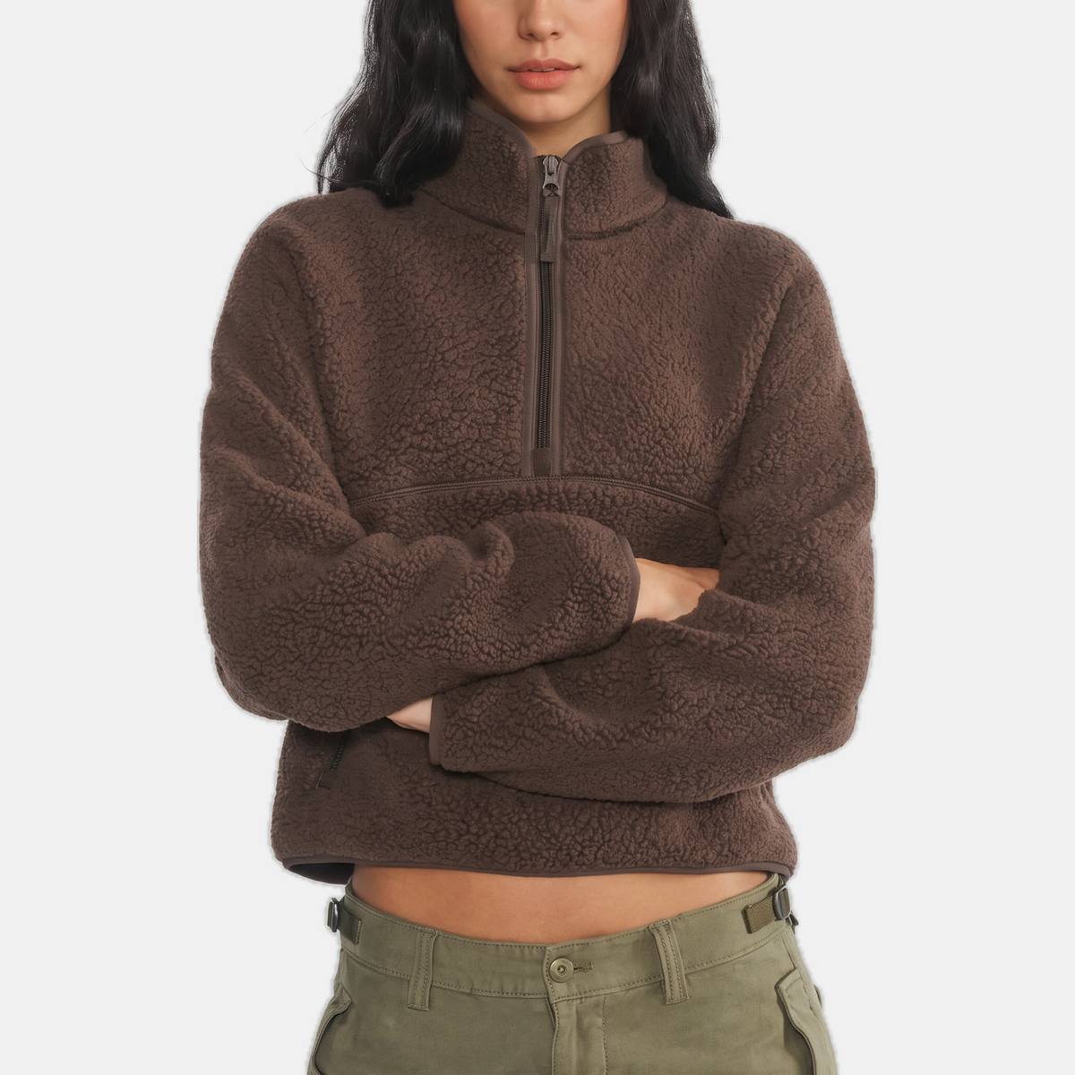 Damska Krótka Bluza z Półzamkiem w Stylu Sherpa - 9