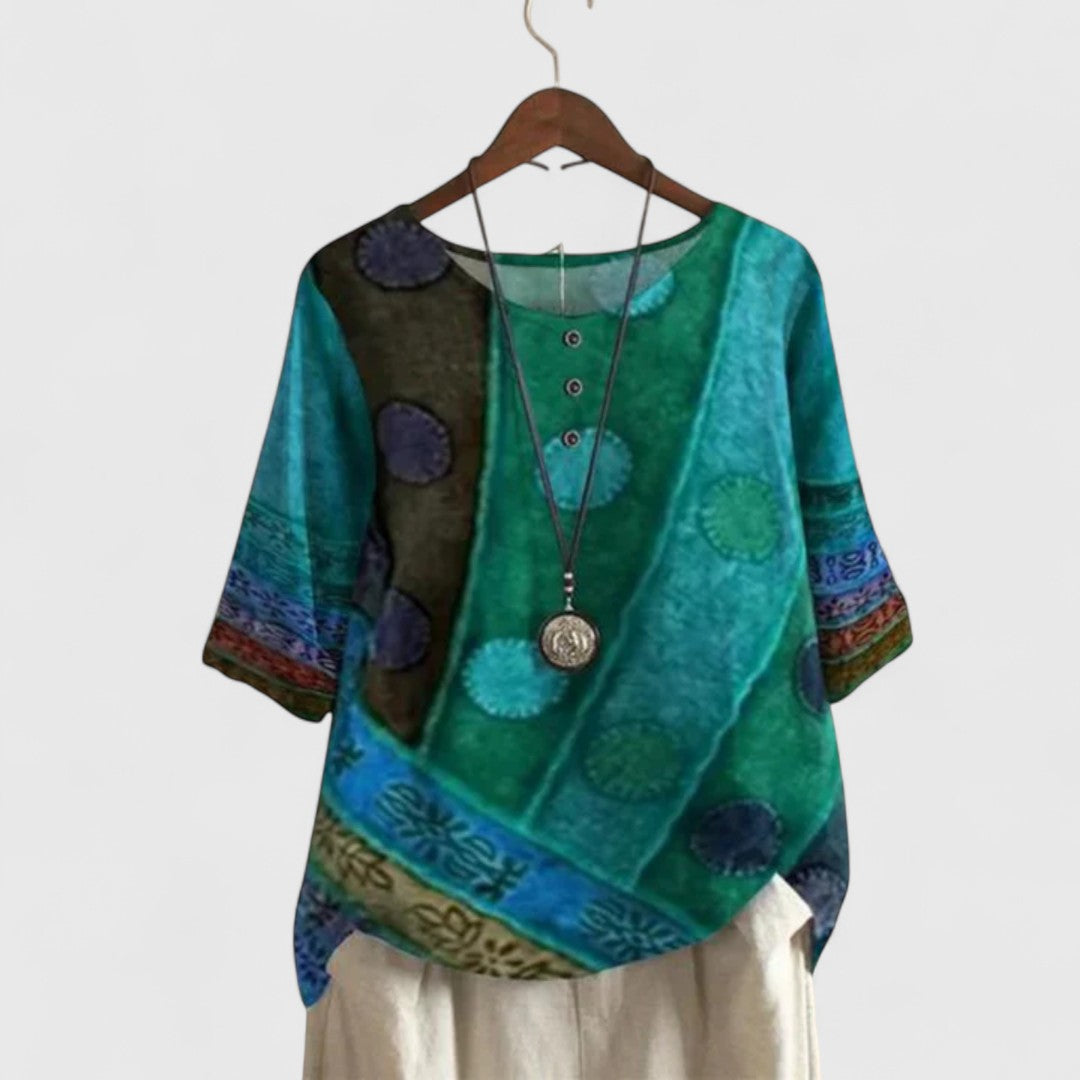 Damska Bluzka Boho z Nadrukiem Patchwork i Guzikami - Zielony