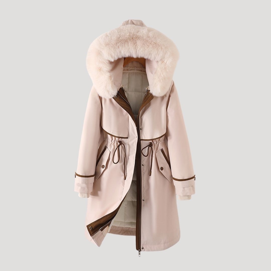Damska Parka Długa z Odpinanym Futrzanym Kapturem i Pikowaną Podszewką - Jasnoróżowy