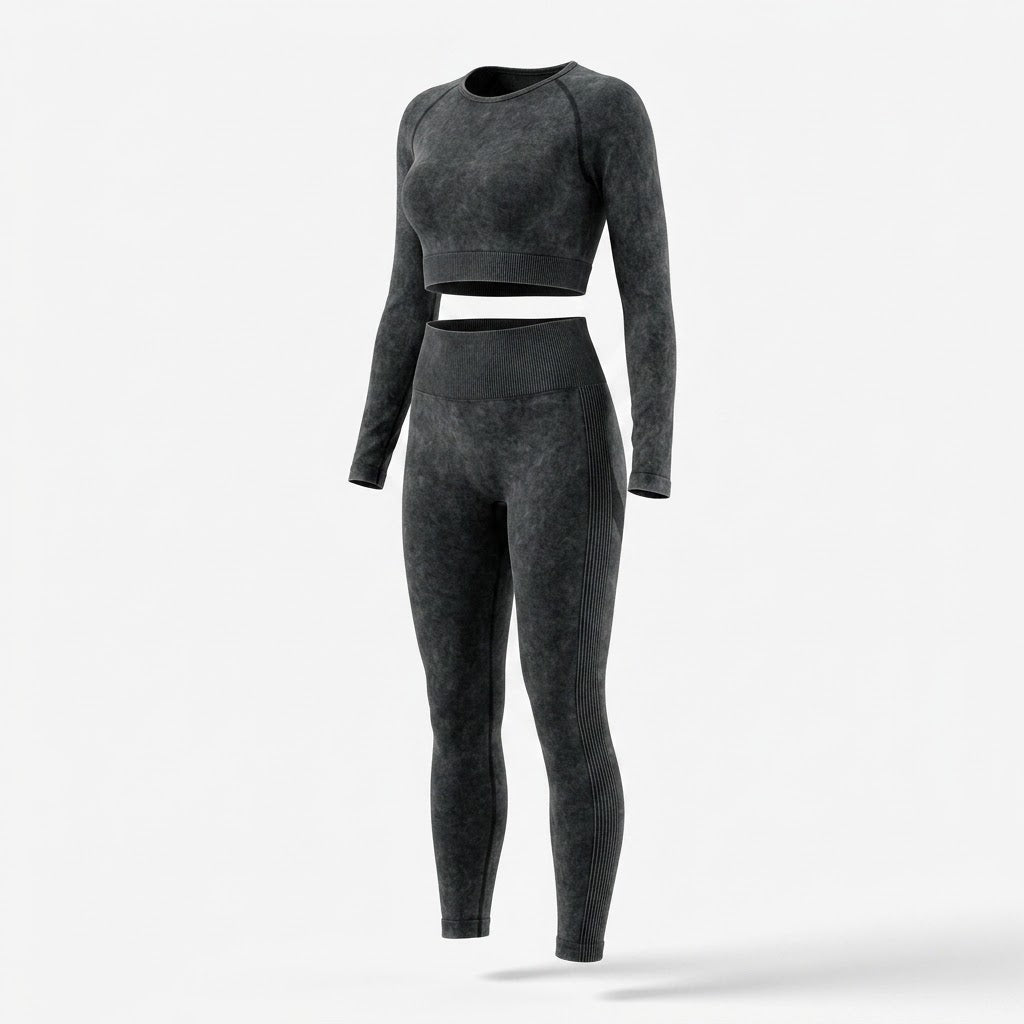 Damski Komplet Sportowy Crop Top i Legginsy z Długim Rękawem - Czarny