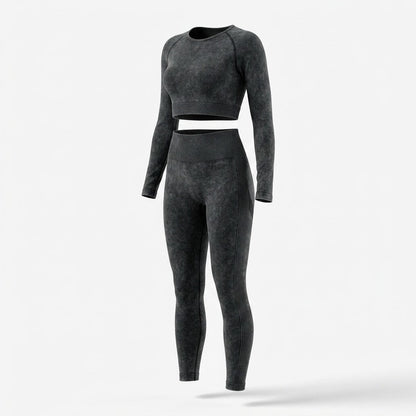 Damski Komplet Sportowy Crop Top i Legginsy z Długim Rękawem - Czarny