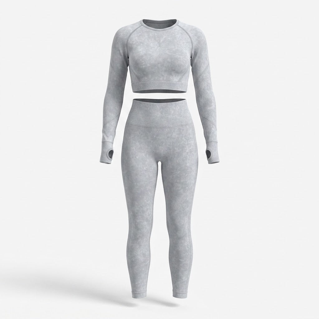 Damski Komplet Sportowy Crop Top i Legginsy z Długim Rękawem - Jasnoszary