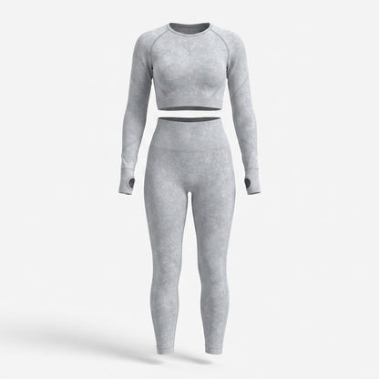 Damski Komplet Sportowy Crop Top i Legginsy z Długim Rękawem - Jasnoszary