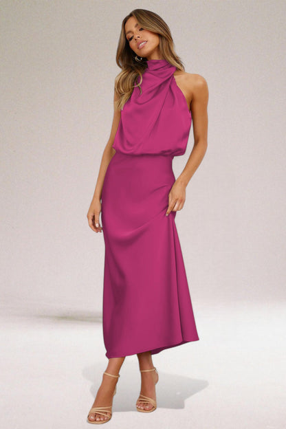 Damska Satynowa Sukienka Midi z Dekoltem Halter - Różowy