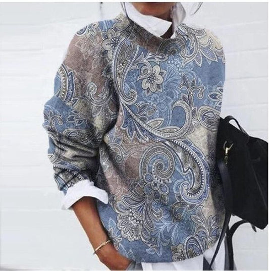 Damska Bluza z Nadrukiem Paisley i Okrągłym Dekoltem