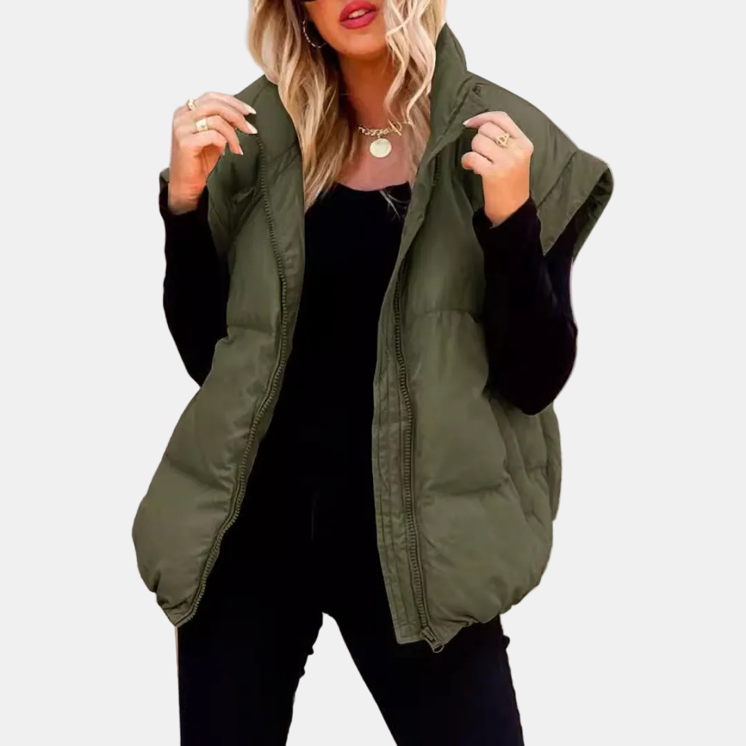 Damska Pikowana Kamizelka Oversize bez Rękawów ze Stójką i Kieszeniami - 10