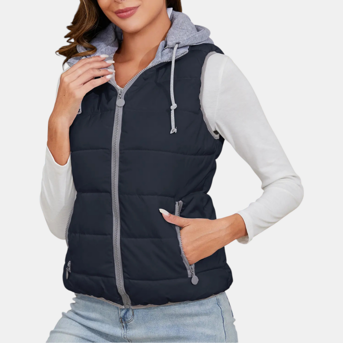 Damska Pikowana Kamizelka z Kapturem i Zamkiem - 5
