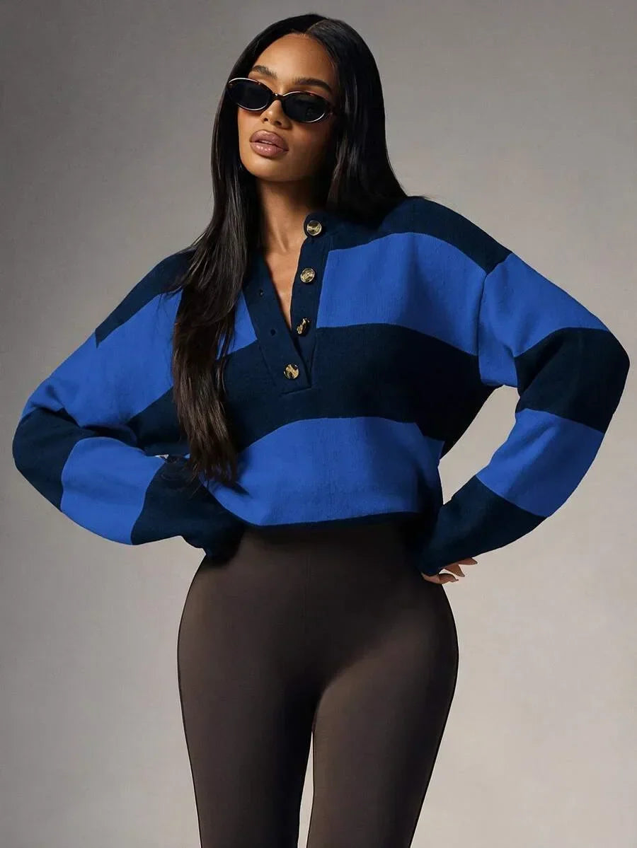 Damski Oversize Sweter z Guzikami i Okrągłym Dekoltem - Granatowy