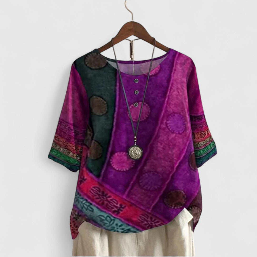 Damska Bluzka Boho z Nadrukiem Patchwork i Guzikami - Fioletowy