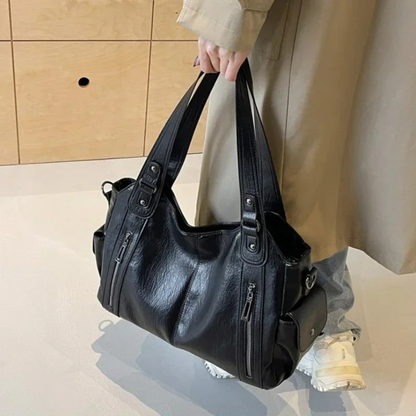 Damska Torba Shopper z Zamkiem i Kieszeniami - Czarny