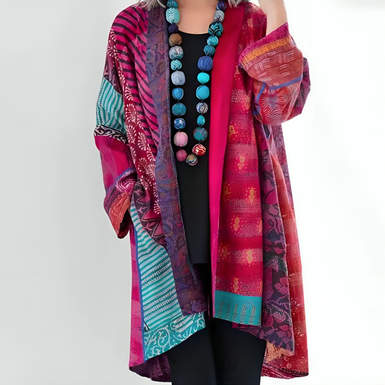 Damska Kimono Boho z Patchworkiem - Różowy