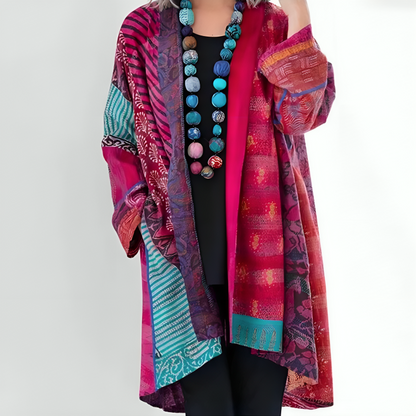 Damska Kimono Boho z Patchworkiem - Różowy