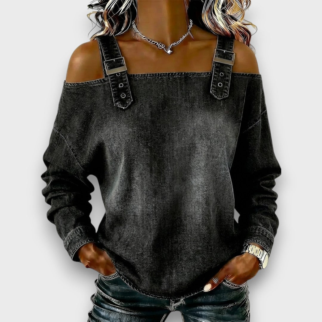 Damska Bluzka Jeansowa z Odkrytymi Ramionami i Klamrami - Czarny