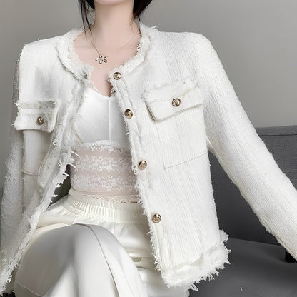 Damska Krótka Żakiet z Przetykanymi Brzegami i Złotymi Guzikami - Biały