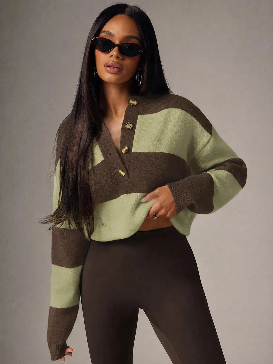 Damski Oversize Sweter z Guzikami i Okrągłym Dekoltem - 36