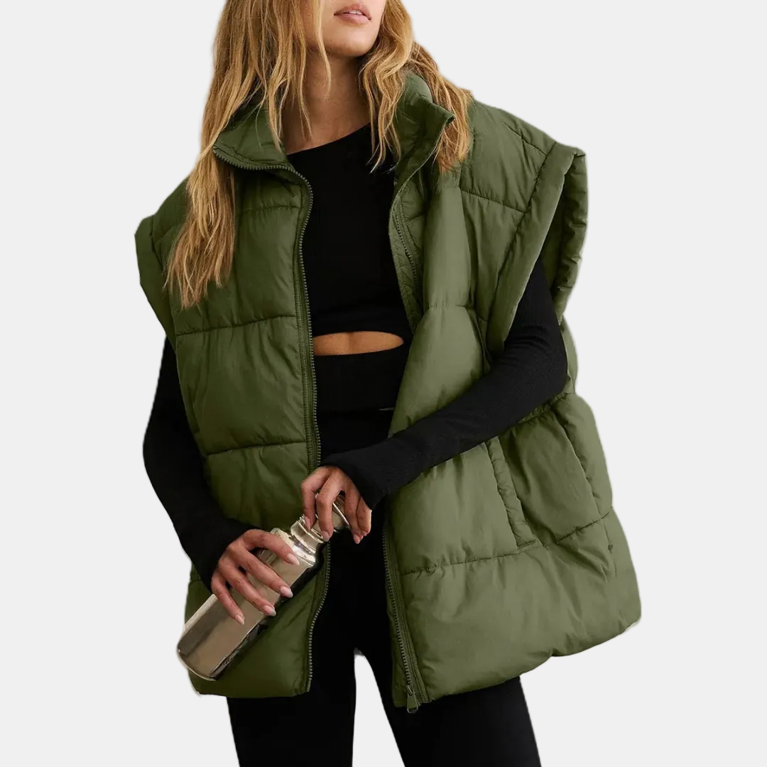 Damska Pikowana Kamizelka Oversize bez Rękawów ze Stójką i Kieszeniami - Zielony Khaki