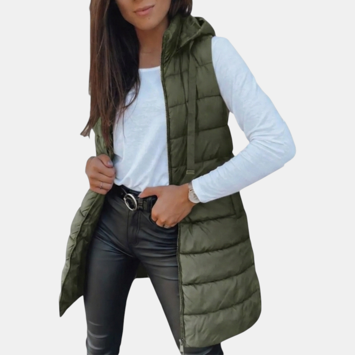 Damska Pikowana Kamizelka Długa z Kapturem i Zamkiem - Zielony Khaki