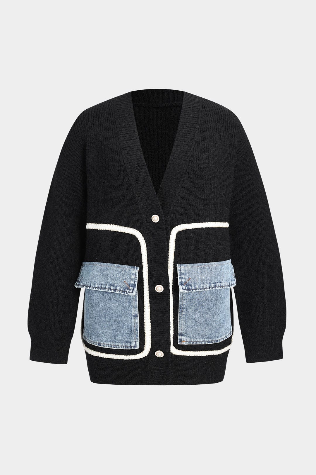 Damski Kardigan Oversize z Kieszeniami Jeansowymi - Czarny