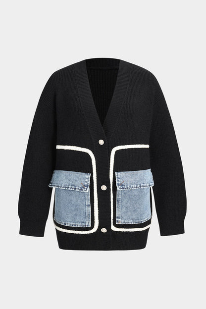 Damski Kardigan Oversize z Kieszeniami Jeansowymi - Czarny