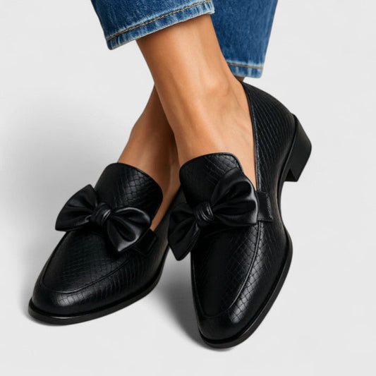 Damskie Loafersy z Kokardą i Teksturowaną Skórą - Czarny