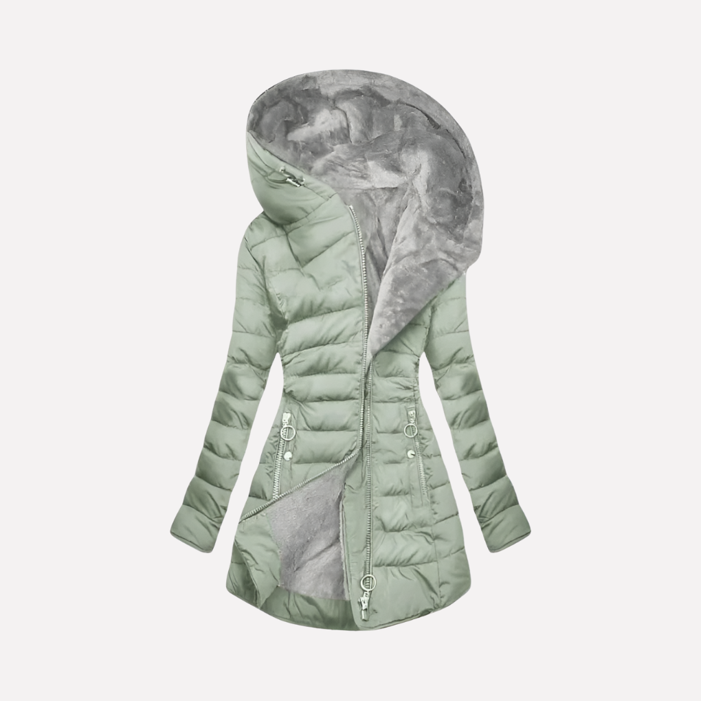 Damska Pikowana Kurtka z Kapturem i Zamkiem na Przodzie - Jasnozielony