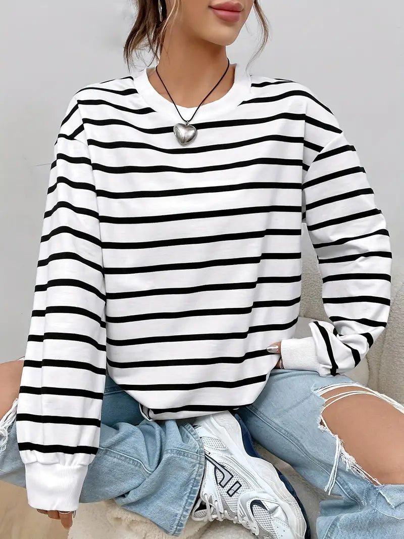 Damska Bluza Oversize w Paski - Czarny/Biały