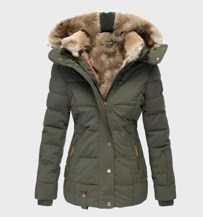 Damska Kurtka Zimowa Pikowana z Kapturem ze Sztucznym Futrem - Zielony
