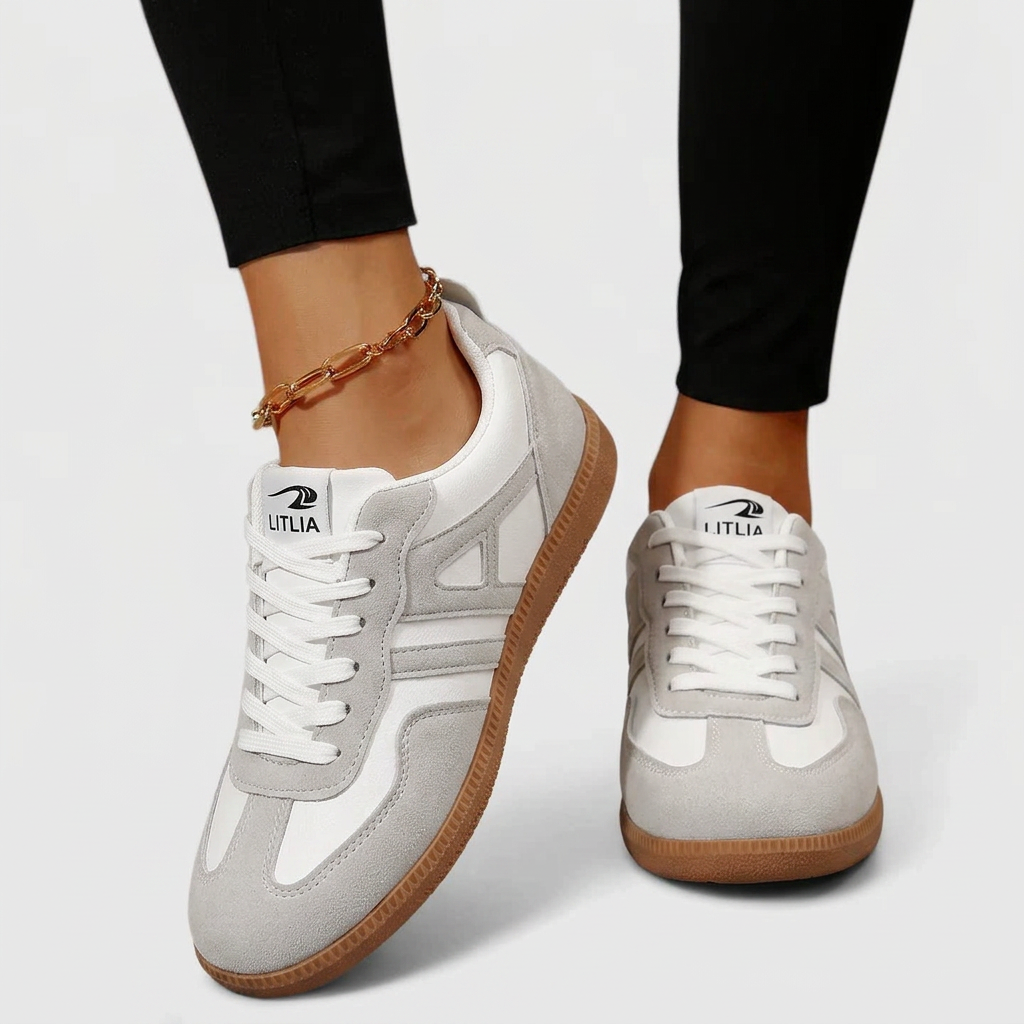 Damskie Sneakersy z Sznurowaniem i Retro Detalami - Jasnoszary